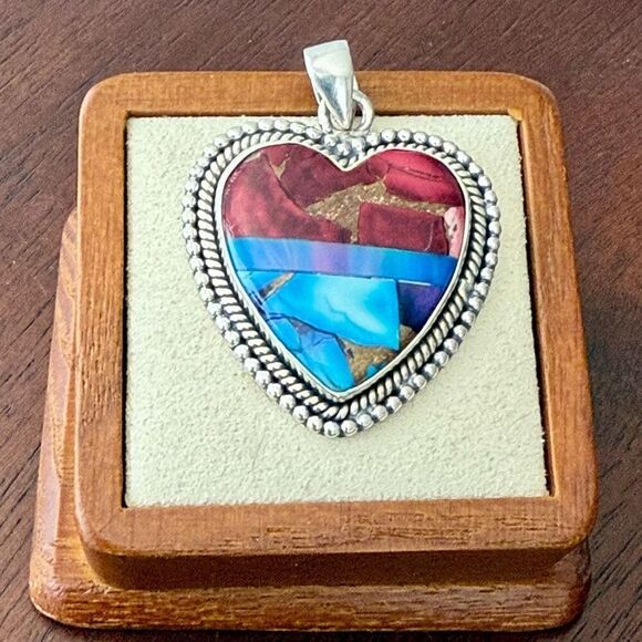 Southwestern Trifecta Turquoise & Aurora Opal Large Heart Pendant Necklace New - Picture 1 of 5